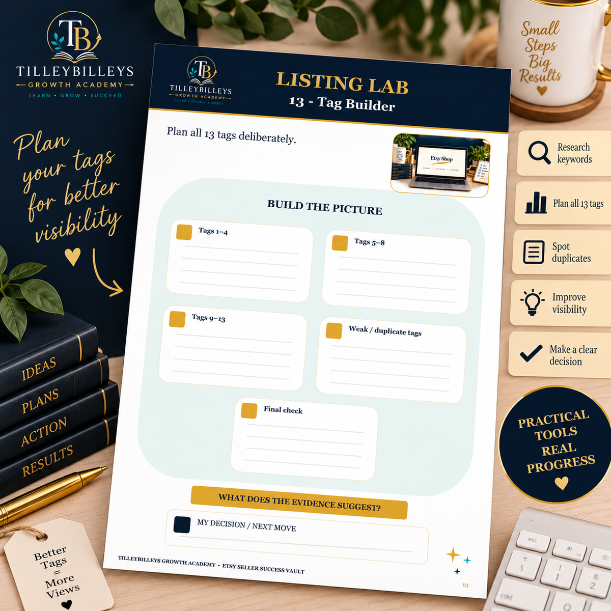 A styled flat-lay of a printable planner page titled 'Listing Lab 13 - Tag Builder' from Tiley Bileys, surrounded by office props including a keyboard, books, a mug, and a laptop on a wooden desk.