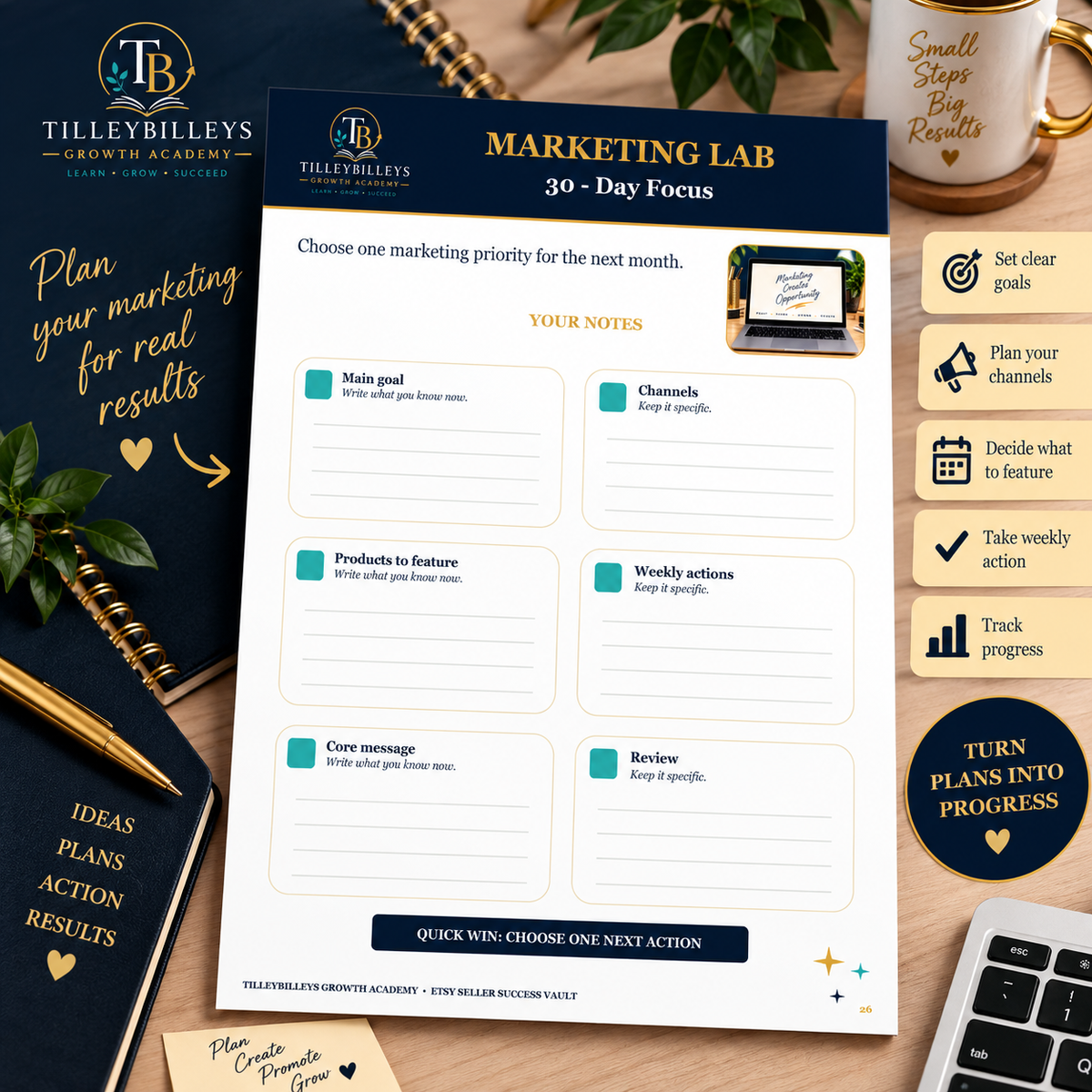 A styled flat-lay of a 'Marketing Lab' 30-Day Focus planner page from TilleyBilletes Growth Academy, surrounded by office props including a gold mug, notebook, and keyboard on a wooden desk.