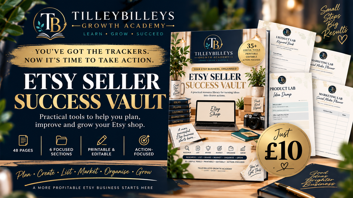 Promotional graphic for Tilleybilleys Growth Academy's Etsy Seller Success Vault digital guide, showing a mockup of the planner pages, a laptop, and a notebook alongside marketing text and price badges.