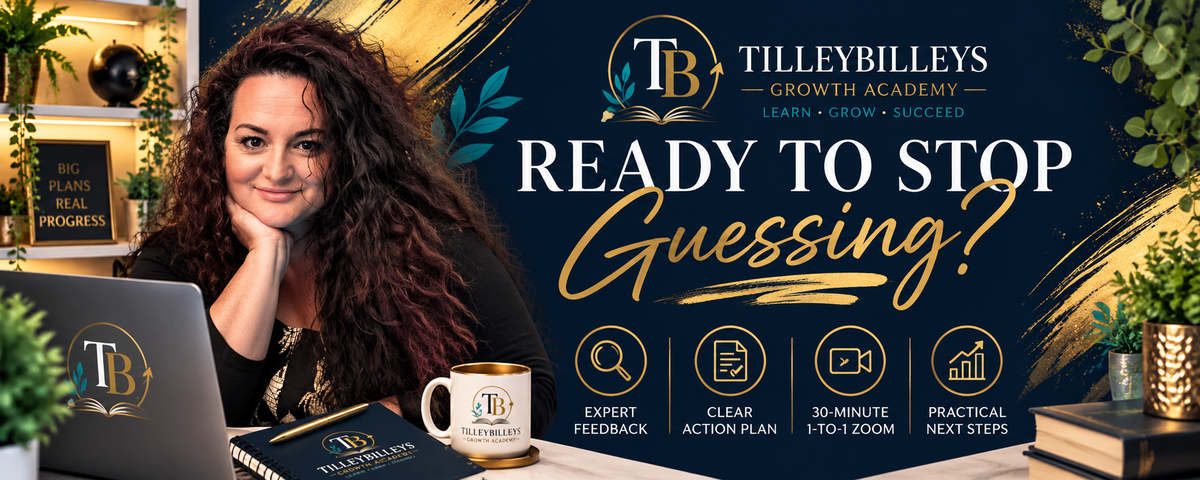 A promotional banner for TilleyBilleys Growth Academy featuring a woman with curly hair resting her head on her hand at a desk with a laptop and notebook. The background is dark navy blue with gold leaf textures, white and gold text reading 'READY TO STOP Guessing?', and the TilleyBilleys logo at the top.