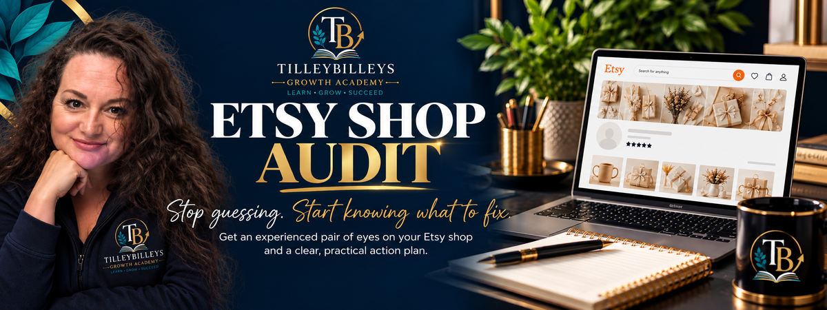 Promotional banner for 'TilleyBilley's Etsy Shop Audit' featuring a woman on the left, a laptop showing an online store layout, and branded merchandise on a dark blue background.