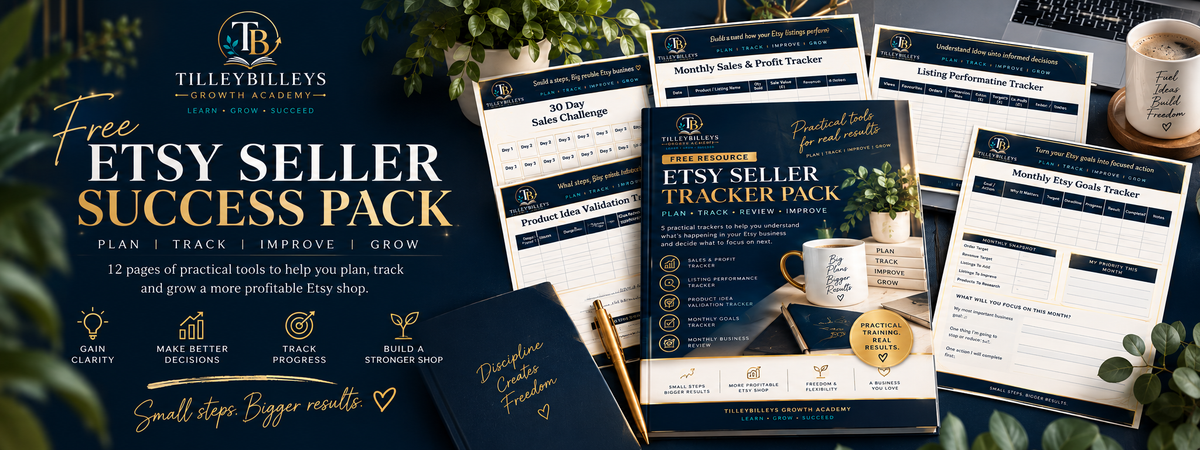 A promotional layout for a digital Etsy seller success pack, showing several printed-style planner pages and a navy notebook arranged on a dark background with decorative greenery and a coffee cup. Large text reads 'Free Etsy Seller Success Pack' and the brand name 'Tilly's Tillyblevs' is visible at the top.
