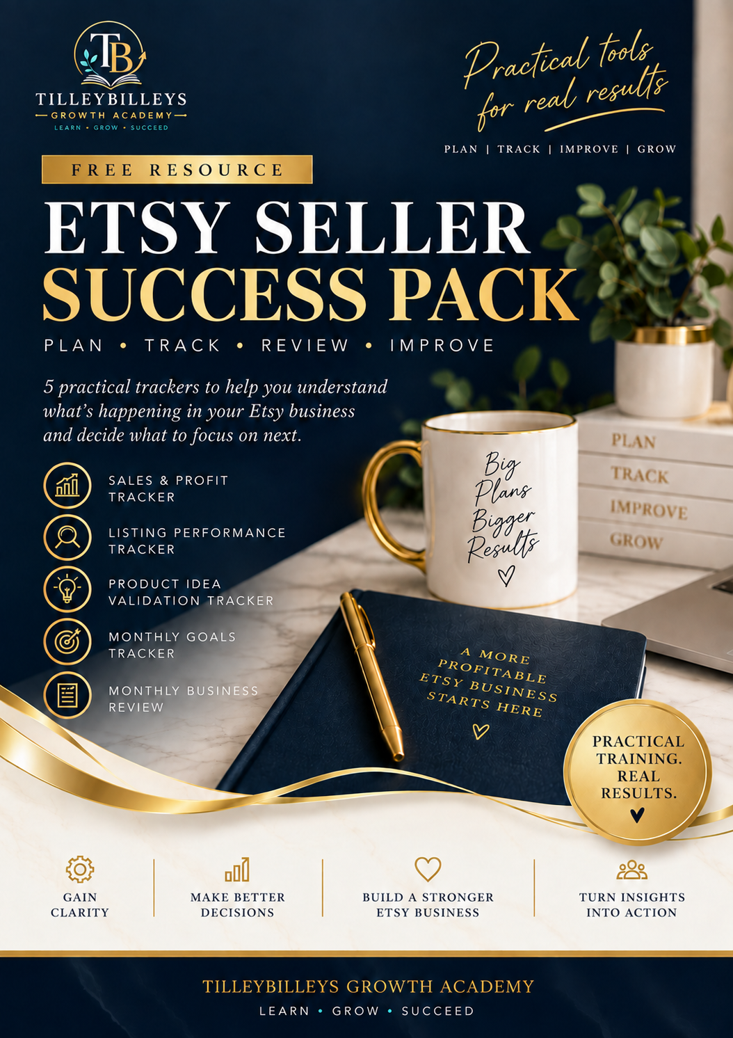 Promotional graphic for the Etsy Seller Tracker Pack by Tileybilleys Growth Academy, featuring a dark navy background with gold and white typography, plus a styled desk scene showing planner pages, a notebook, and a tracker card.