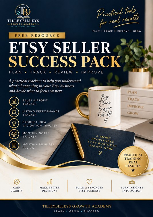 Promotional graphic for the Etsy Seller Tracker Pack by Tileybilleys Growth Academy, featuring a dark navy background with gold and white typography, plus a styled desk scene showing planner pages, a notebook, and a tracker card.