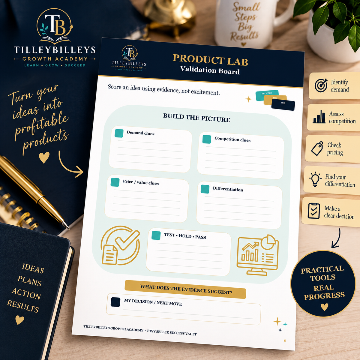 A product listing for the 'Product Lab Validation Board' by TilleyBilveys Growth Academy, shown as a styled flat-lay on a wooden desk alongside a notebook, pen, and coffee mug.