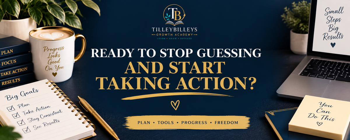 A promotional banner for Tilleybilles Agency & Coaching, featuring a dark navy blue background with the brand logo at the top center. The banner includes motivational text reading 'READY TO STOP GUESSED AND START TAKING ACTION?' in white and gold.