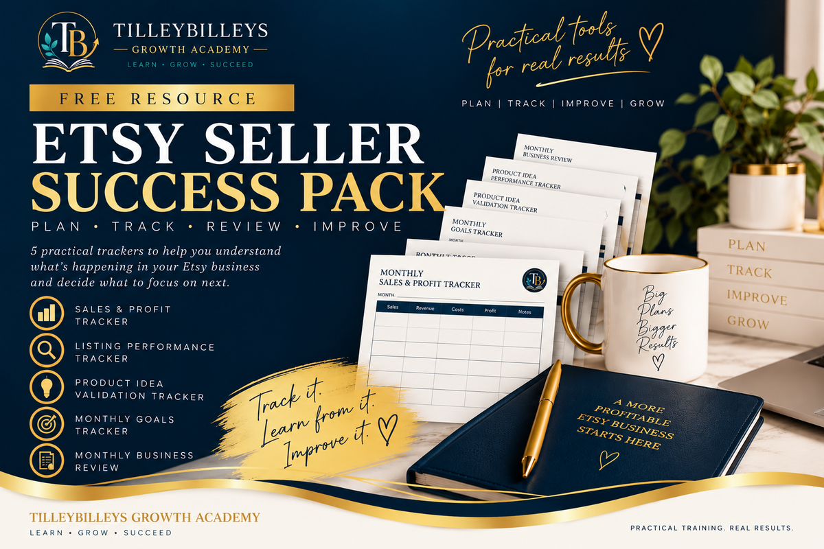 Promotional graphic for the TillyBilbey's Growth Academy Etsy Seller Success Pack, showing a bundle of printable planner pages, a notebook, a pen, and a mug on a styled desk background.