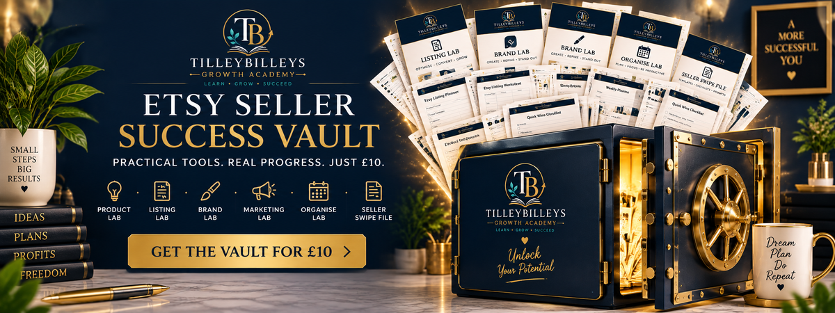 A promotional product display for the TileyBilley Success Vault, showing a dark navy and gold safe-like box with a wheel, a stack of printed cards labeled 'LEASING PROPOSAL CHECKLISTS,' and marketing text on a dark background with decorative props.