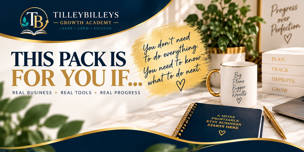 Promotional graphic for a growth academy bundle by TilleyBilleys, showing a styled desk scene with a white mug, notebook, planner, books, and a gold pen on a light surface. Large text reads 'THIS PACK IS FOR YOU IF.