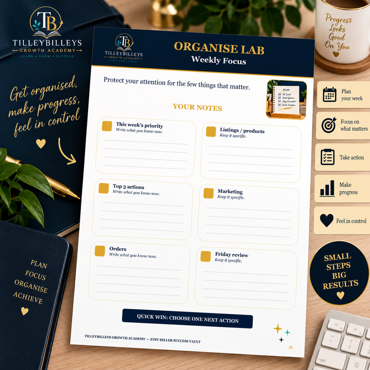 A weekly planner notepad titled 'ORGANISE LAB Weekly Notes' from TilleyBilveys Growth Academy, styled in a desk flat-lay with a navy planner, green leaves, a keyboard, and motivational graphics on the right.