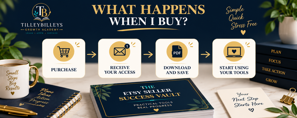 Promotional banner for Tilleybillesy's Etsy Seller Success Vault, showing a five-step process from purchase to start using tools, alongside physical book covers and desk props.