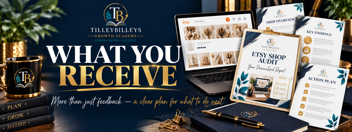 Promotional graphic for Tilleybilleys Growth Academy showing a laptop and printed materials arranged on a desk with large text reading 'WHAT YOU RECEIVE' and course materials including an Etsy shop audit plan and action plan.