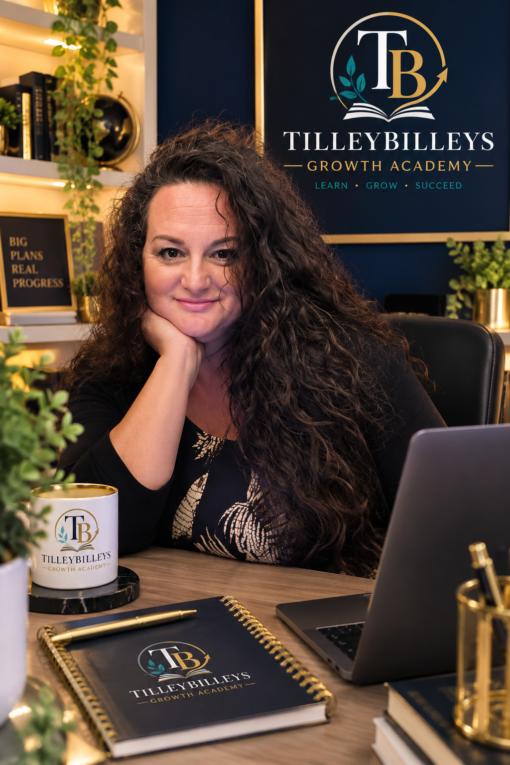 A woman with long curly dark hair sits at a desk in a decorated office environment, with a Tilleybilleys Growth Academy branded mug, notebook, laptop, and wall sign visible.
